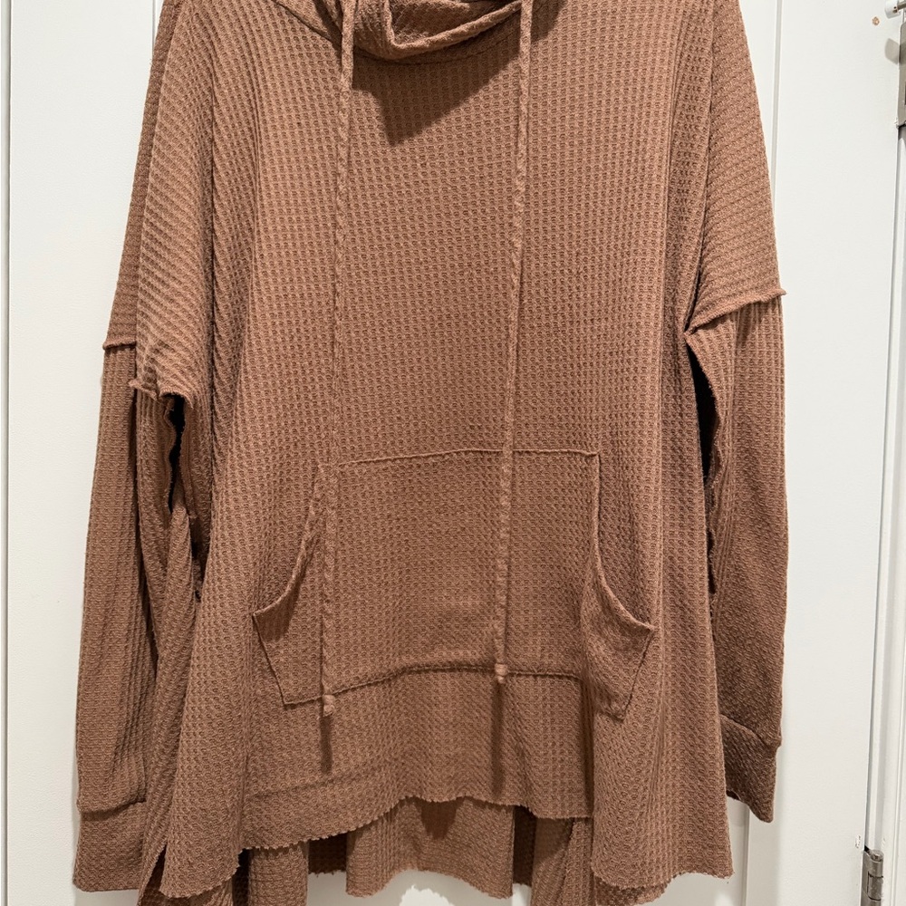 Waffle-Knit Hooded Sweater in Brown